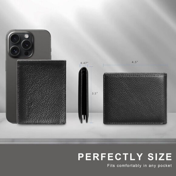 ⚡Travelambo Men Lychee Black Genuine Leather Handmade Bifold Stylish Wallets - Picture 4 of 9